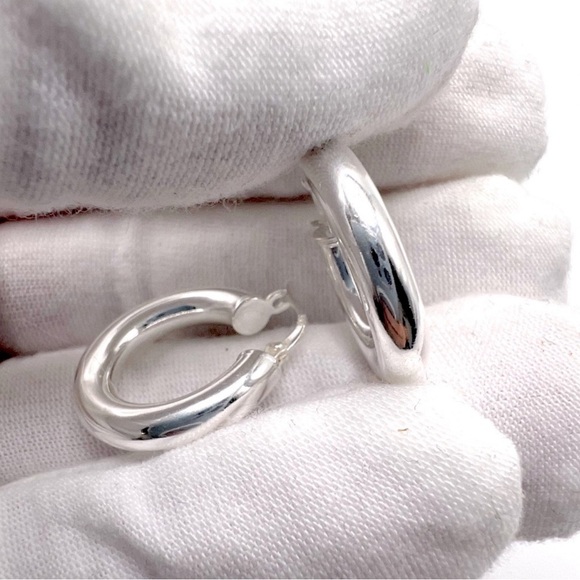 .925 Sterling Silver 4mm x 20mm  Round Tube Hoop Earrings - Picture 6 of 15